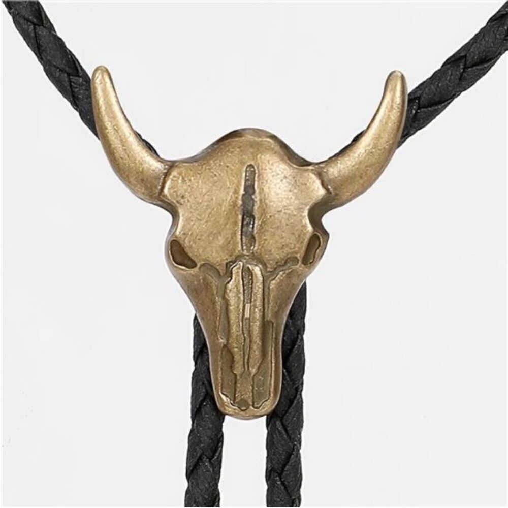 Vintage Brass Bull Skull Bolo Tie Cowboy Necktie - NEW
